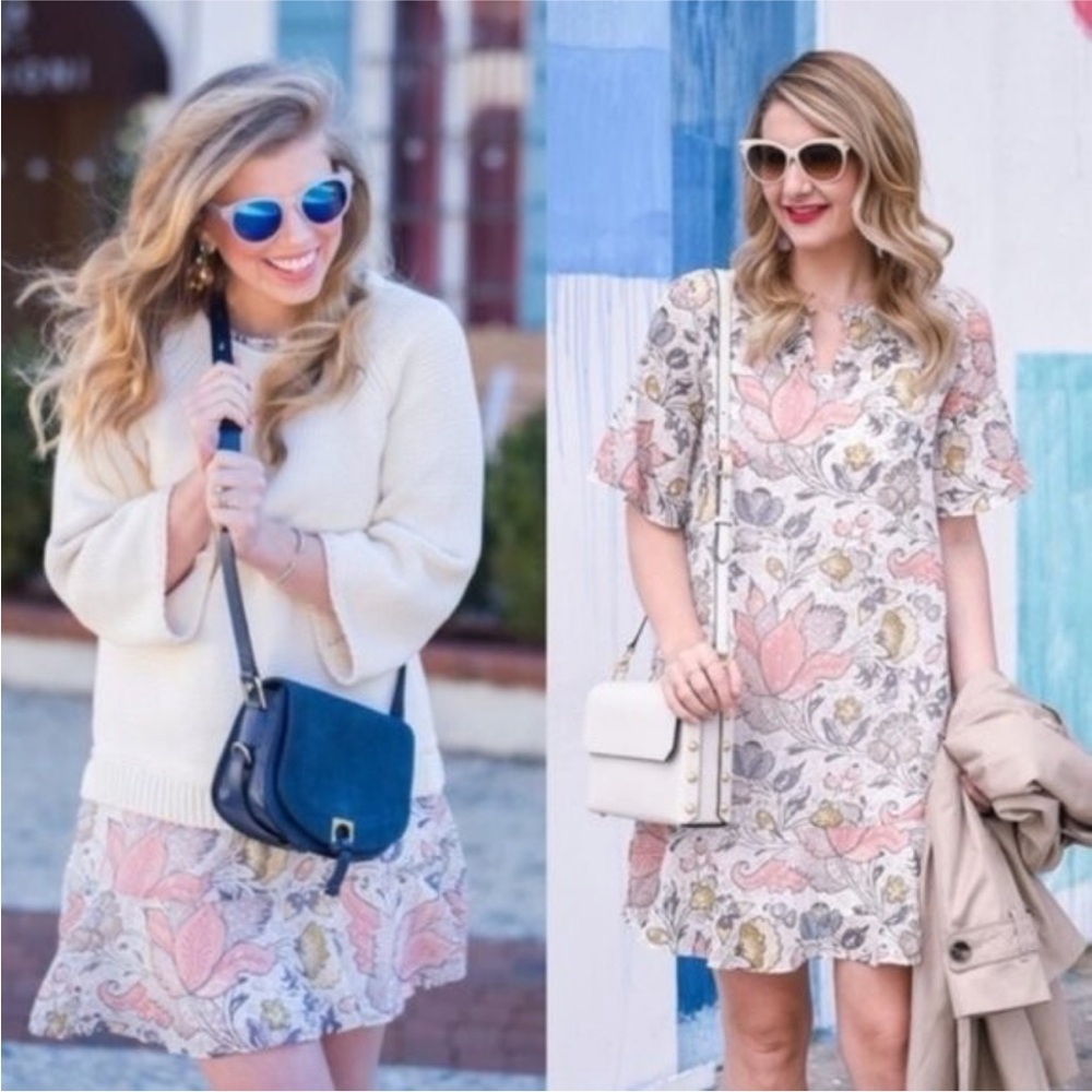 LOFT Shimmer Flounce Floral Dress XS Ruffle Hem Flowers Flutter Sleeve Keyhole